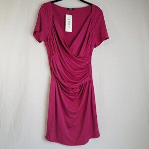 Wrap Look Cross Front Fuchsia Pink Dress MEDIUM Stretch Short Sleeve Ruching